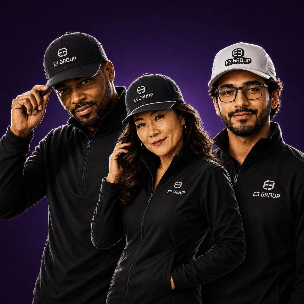 Three people in E3 Group caps: black, black with rope, and white