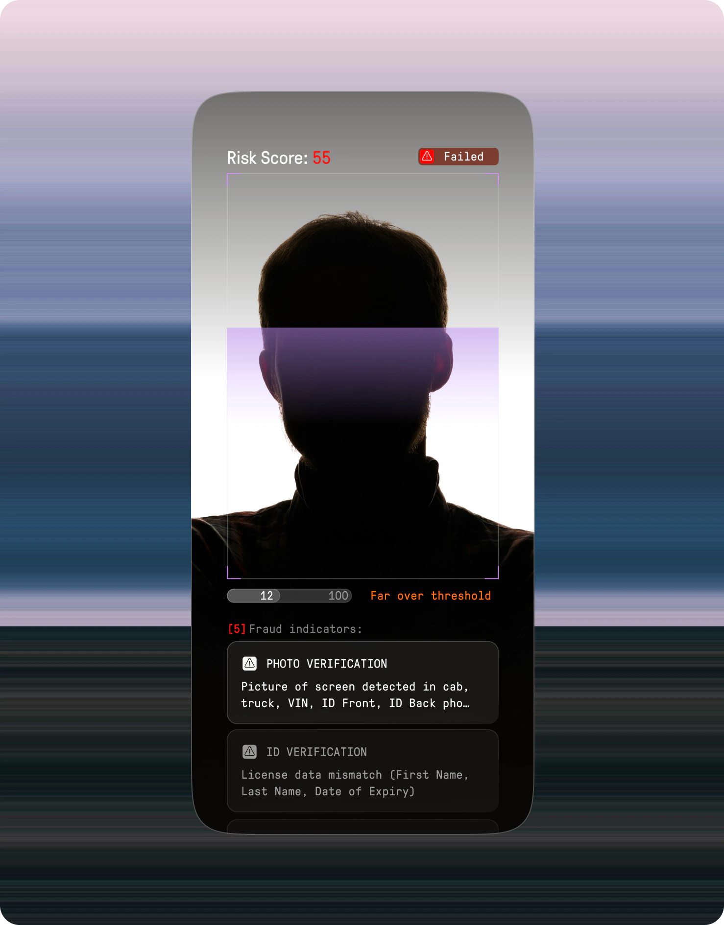 E3 driver check on a phone, failed with a risk score of 55: fraud indicators flag a photo of a screen and mismatched license data