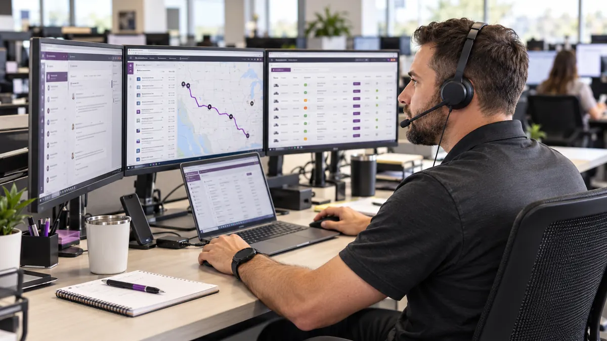 A broker in a headset at a desk with three monitors