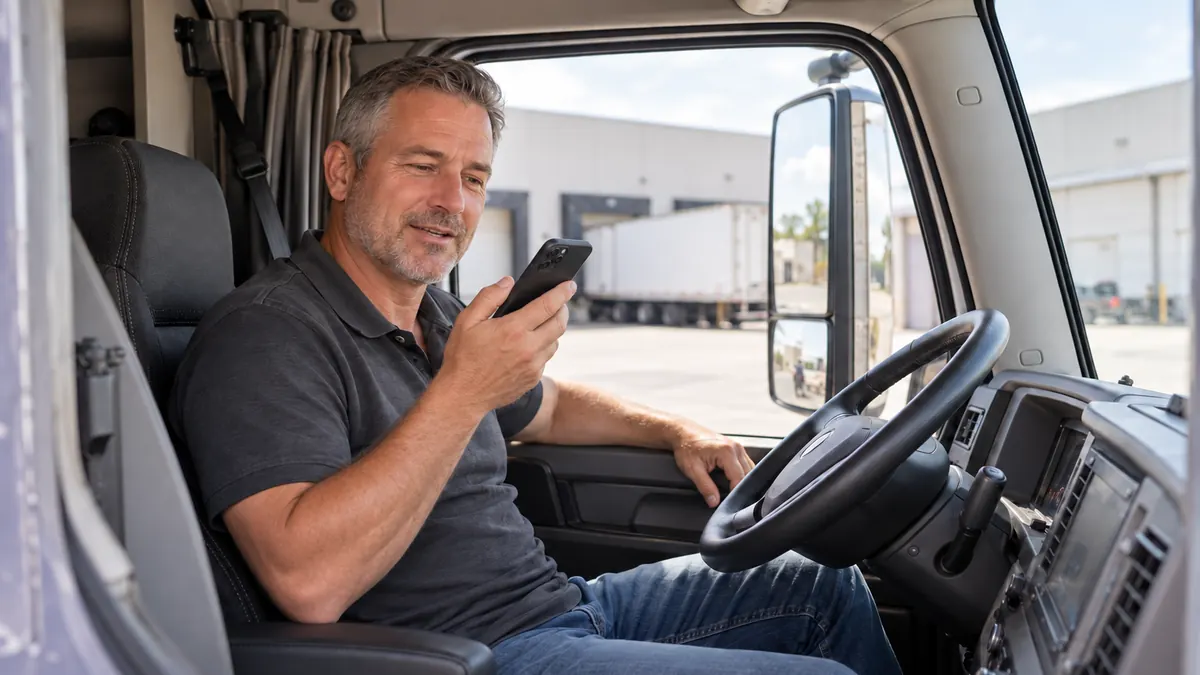 A driver in the cab of a truck, smiling at a phone